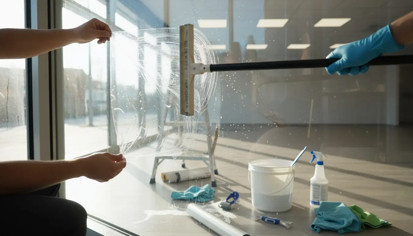 Tomt erhvervslejemål under rengøring med hænder, der fjerner folie fra store vinduer og rengøringsudstyr i forgrunden.
