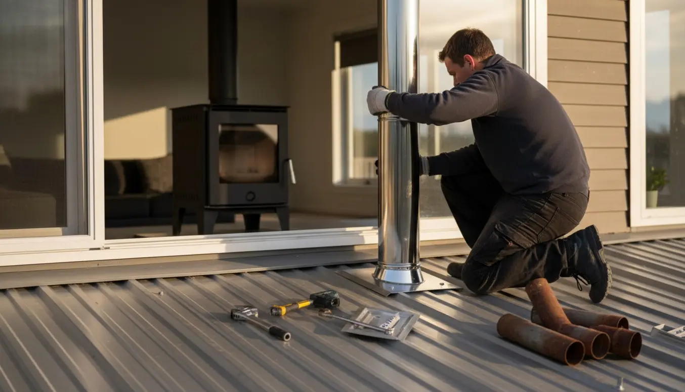 Ny stålskorsten monteres til pillebrændeovn gennem tagfladen, set fra taget.