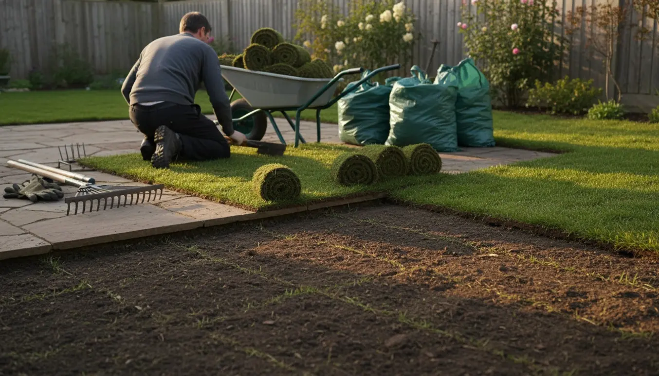Person fjerner græsplæne med spade ved en terrasse, med opsamlet græs klar til bortskaffelse.