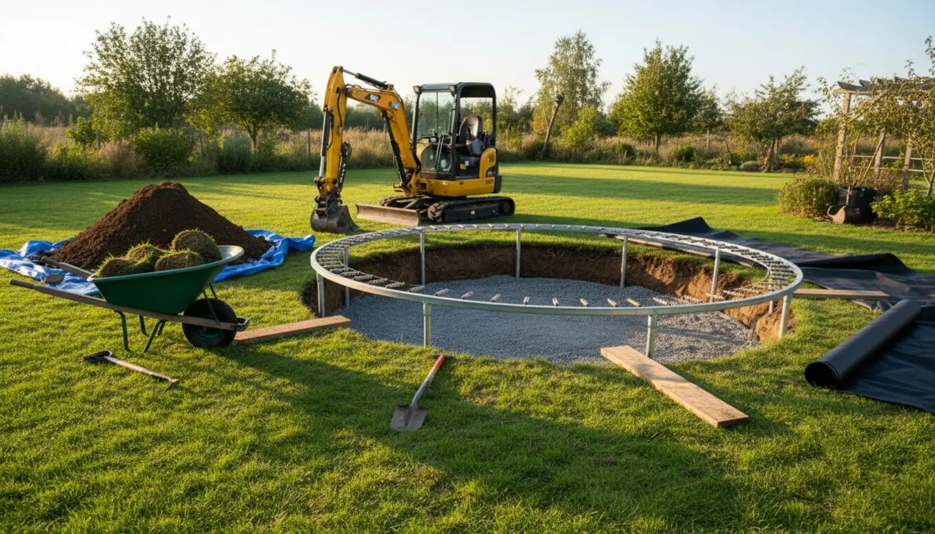Halvnedsænket trampolin i have under gravearbejde med minigraver, jordbunker og værktøj.