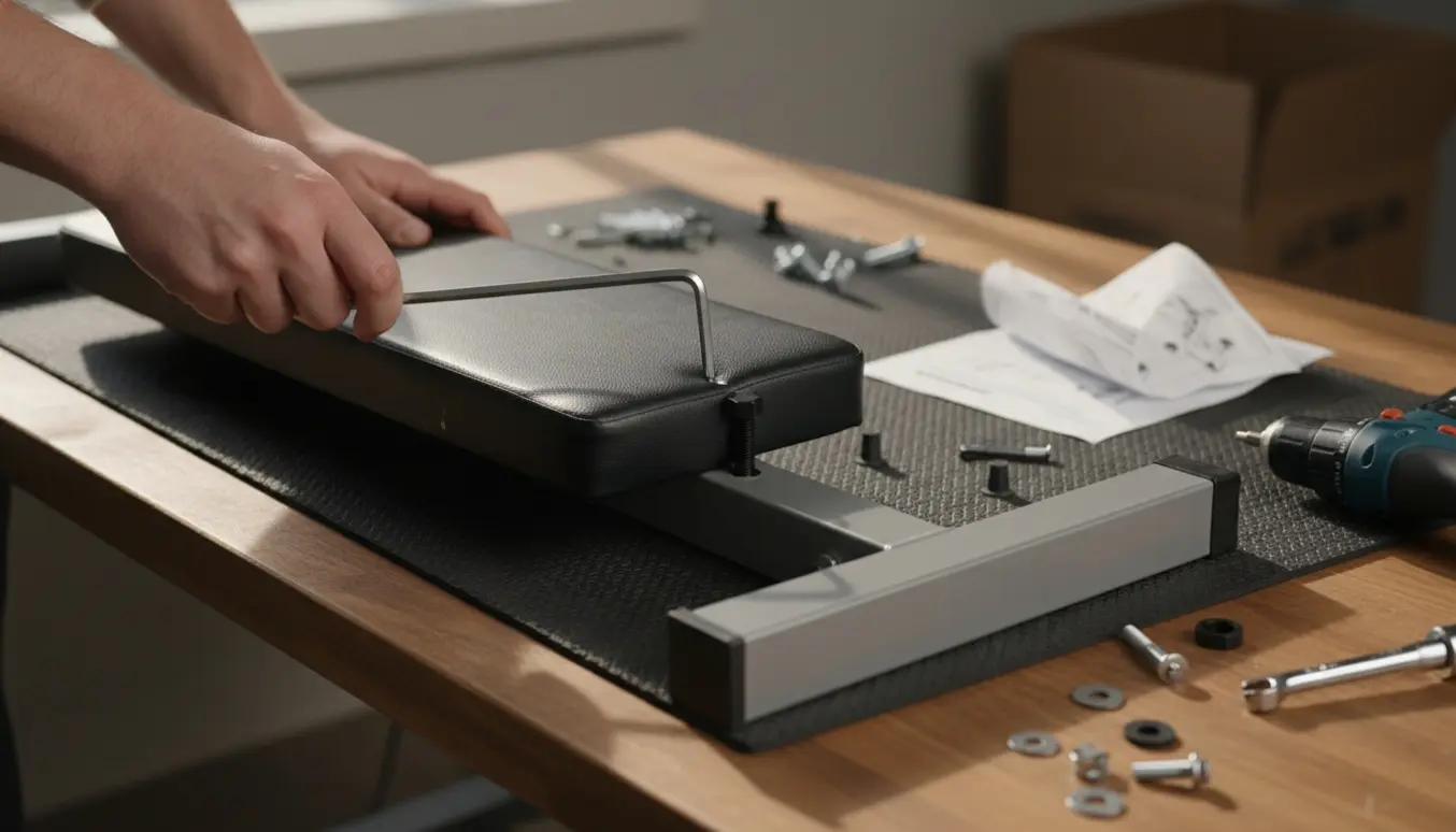 Nærbillede af hænder, der samler en træningsbænk med stålramme og polstret rygstøtte i et lyst hjemmeværksted.