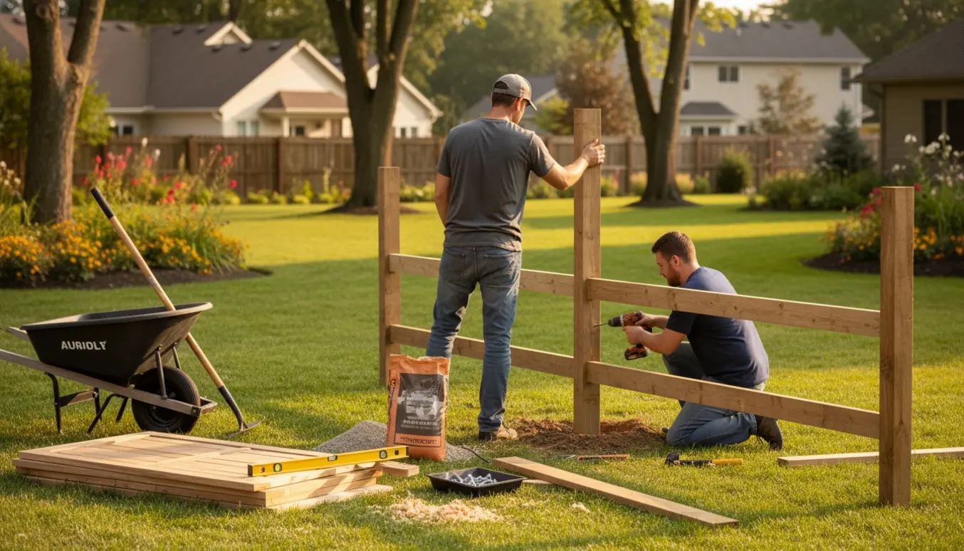 To personer sætter et træhegn op i en have med værktøj og træmaterialer.