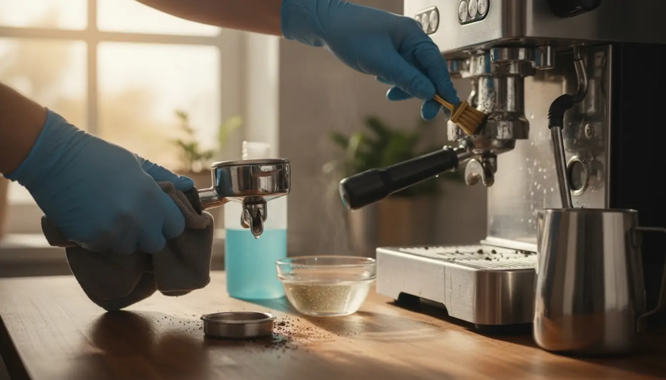 Nærbillede af hænder, der afkalker og renser en espressomaskine på en solbeskinnet køkkenbordplade.