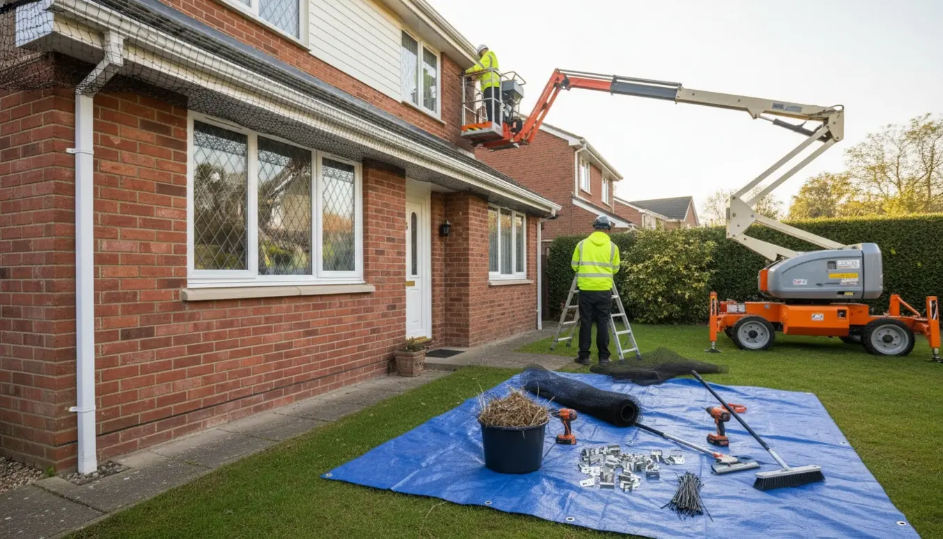 Lift og håndværkere opsætter fuglenet under husets tagskæg med værktøj og fjernede fuglereder i forgrunden.