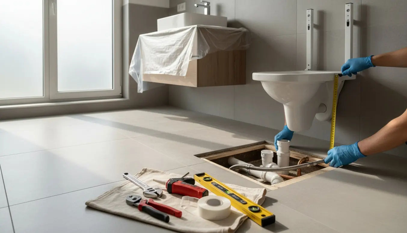 Badeværelse under renovering med hænder, synlige rør under gulvet, ophængt toiletkonsol og nyt vaskeskab klar til montering.