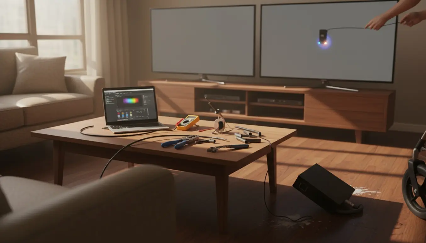 To fladskærme i en stue, teknikerhænder kalibrerer skærm og reparerer knækkede kabler ved en beskadiget set-top-boks.