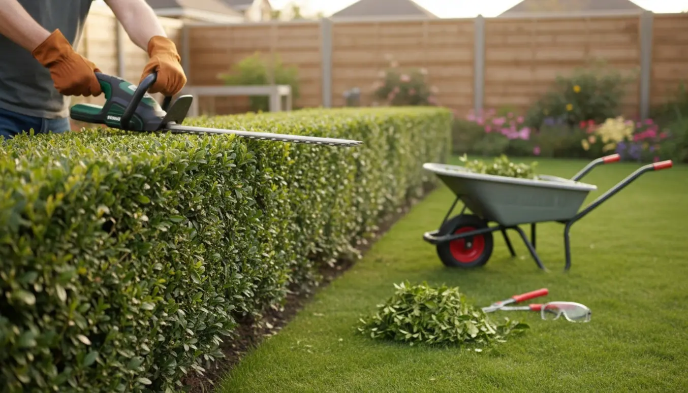 En person trimmer en brysthøj ligusterhæk med en batteridrevet hækkeklipper i en solrig baghave.