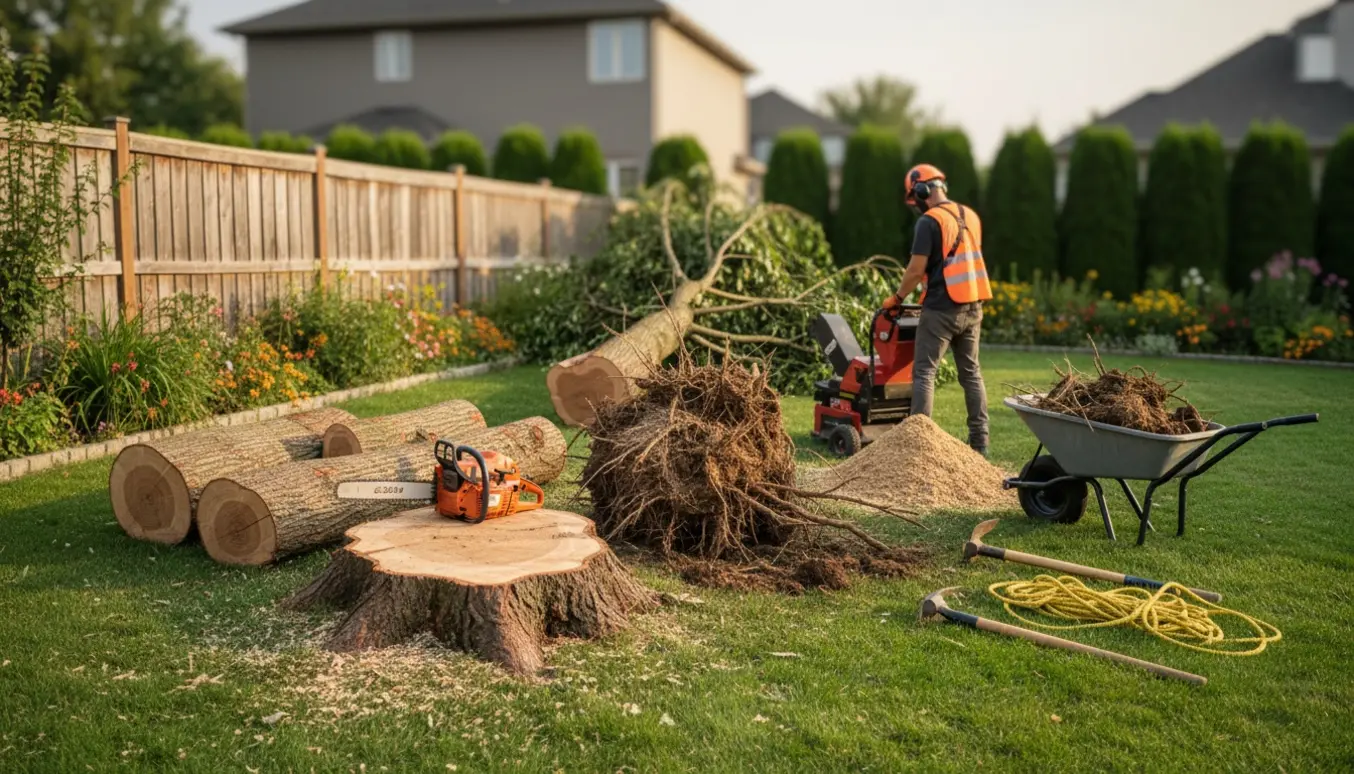 Fældet træ i haven med stød og rod delvist fjernet og værktøj parat.