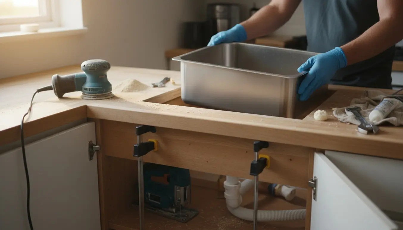 Et nyt dybt køkkenvask sættes i en bordplade med savede underskabe og værktøj omkring.