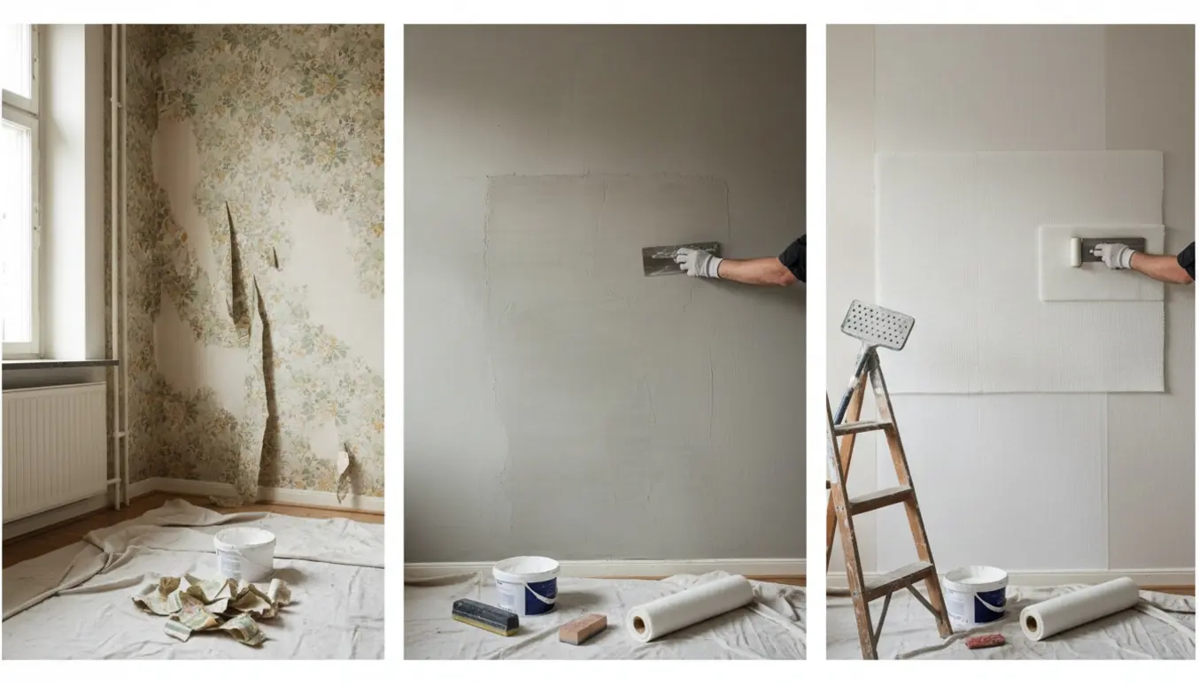 Håndværker fjerner tapet og spartler en væg i en lys lejlighed med værktøj og en rulle filt ved siden af.