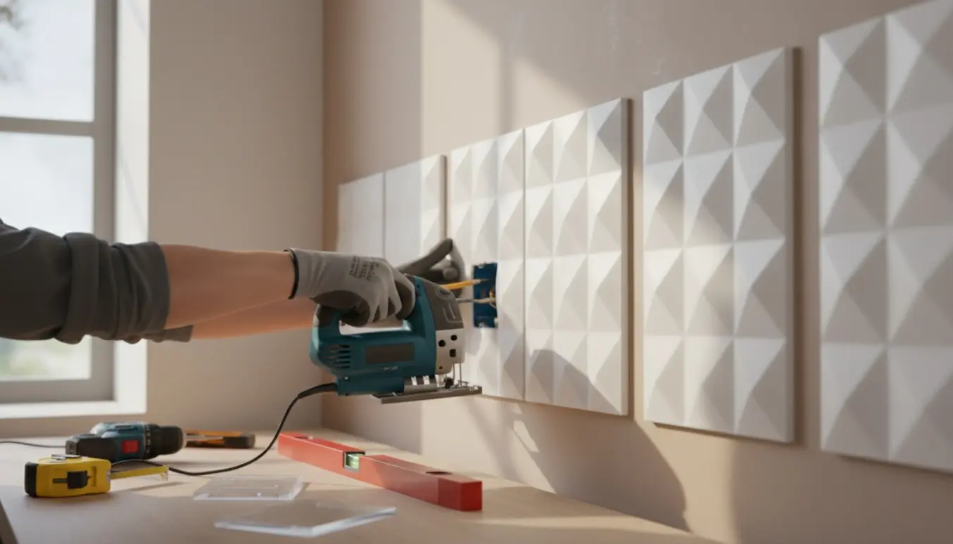 Nærbillede af fem plastikpaneler under opsætning med et panel udskåret til en enkelt stikkontakt.