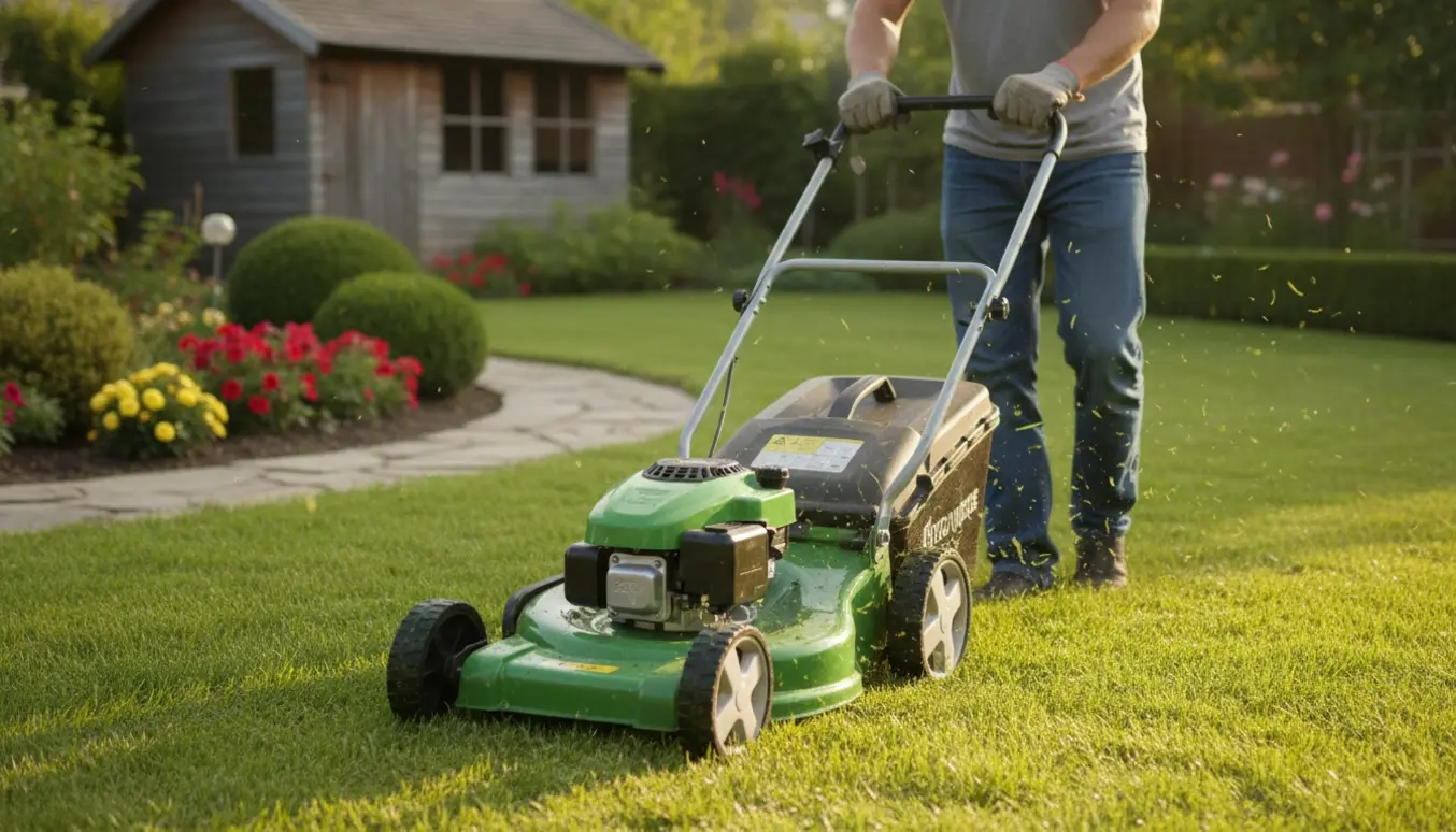 En haveejer slår græsplænen med en plæneklipper i gyldent eftermiddagslys.