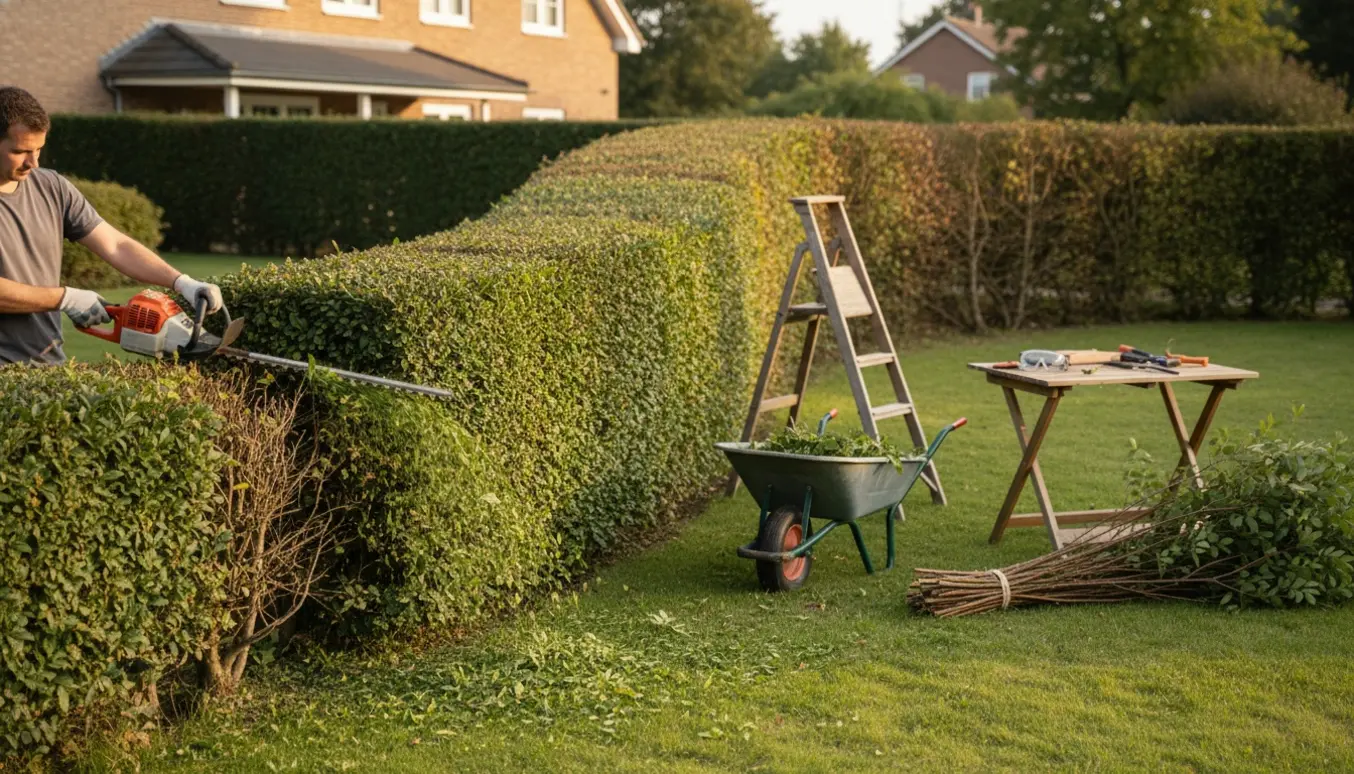 Nogen klipper en rund nøddehæk omkring et hus med friske afklip og haveredskaber i forgrunden.
