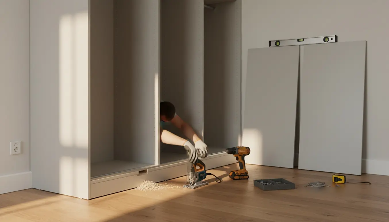 Montage af gulv‑til‑loft skydedøre med værktøj og udskåret gulvpanel i et lyst soveværelse.