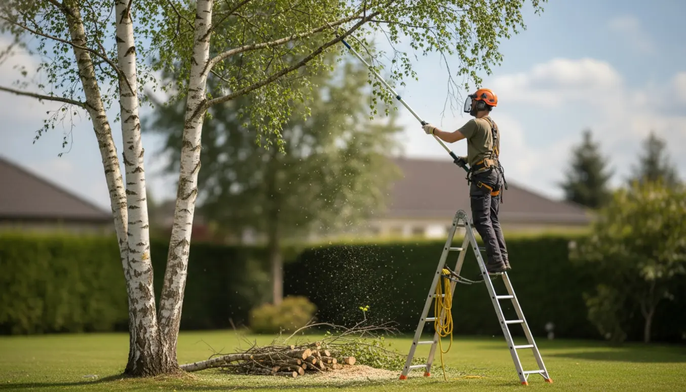 En person beskærer toppen af et højt birketræ fra en stige, med nyklippede grene samlet på græsset.