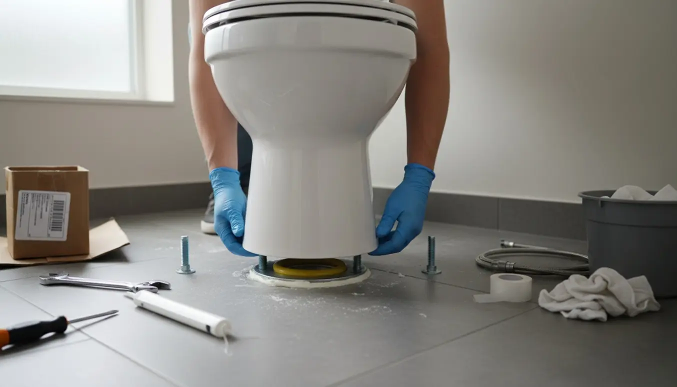 Installatør sænker nyt hvidt toilet ned på afløbsflangen mens der fuges omkring kanten.