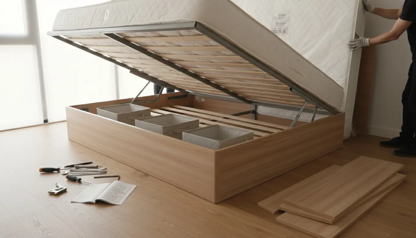 Delvist adskilt opbevaringsseng med åben bund og løftemekanisme, madras stillet op ad væggen og værktøj på gulvet.