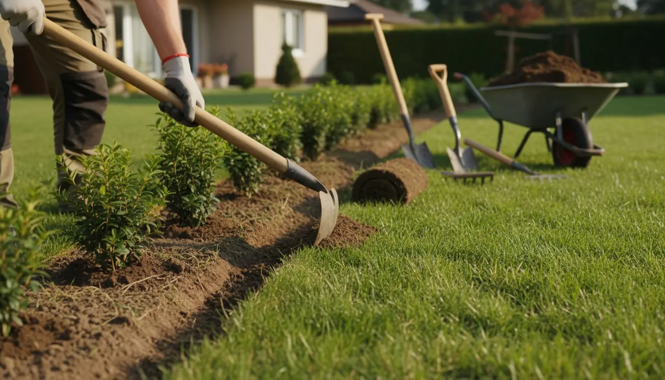 Hækkekant laves med skovl og handsker, græs er fjernet mellem nyplantede hækplanter og mørk jord danner en ren kant.