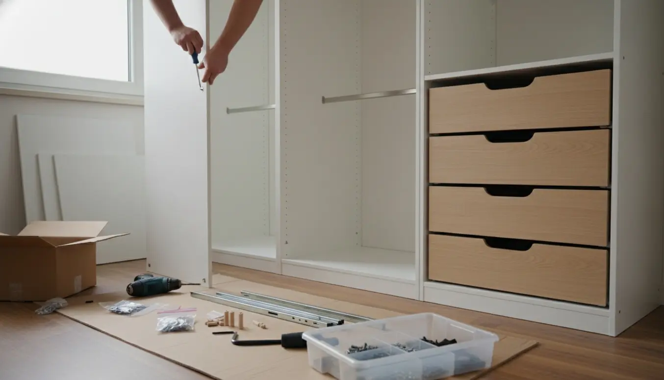 Delvist samlet højt skab med fire skuffer og værktøj spredt på trægulv i en lys stue.