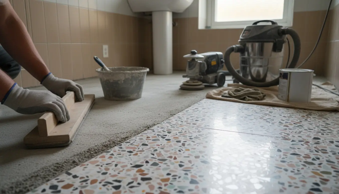 Nærbillede af arbejde med terrazzogulv i et lille badeværelse med polering, afrundet kant og forsegling.