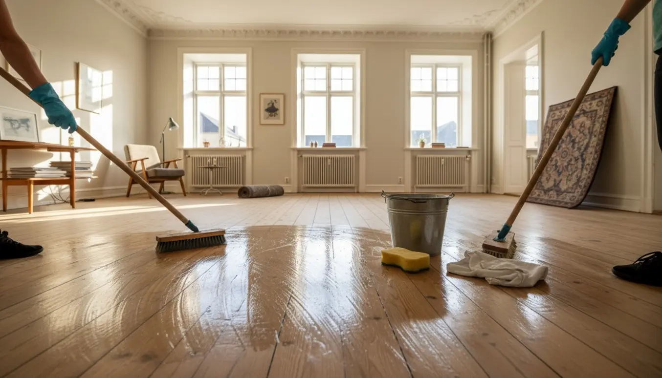 Originale trægulve i en ældre Østerbro-lejlighed bliver skuret med moppe og børste i varmt dagslys.