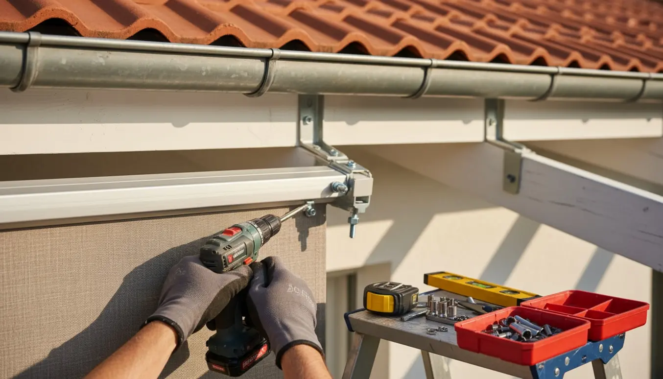 Nærbillede af hænder, der monterer nye beslag på en markise under en ny, bred tagrende.