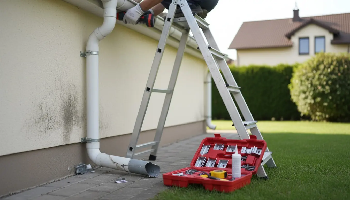 Hænder udskifter et ødelagt nedløbsrør på en villa fra en stige.