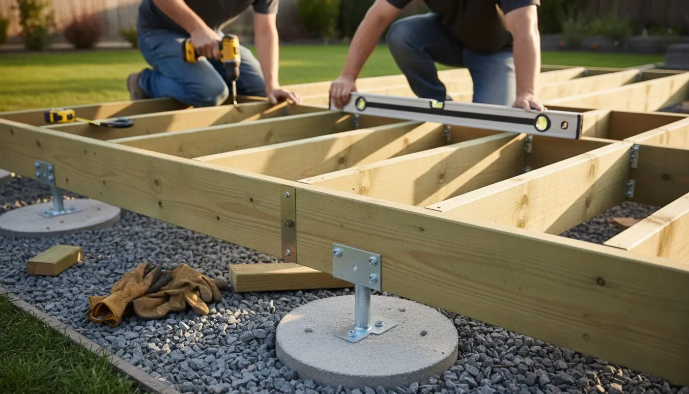 Træterrasse-skelet i en baghave med personer, der måler og fastgør trykimprægnerede bjælker.