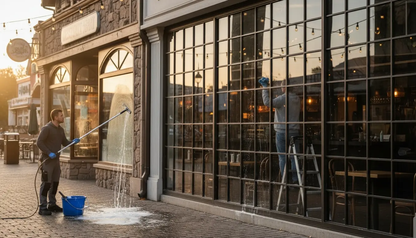 Rengøring af store butiksvinduer ved en restaurant og espressobar, med en person der bruger en teleskop-rudevasker og en anden der tørrer ruden indvendigt.