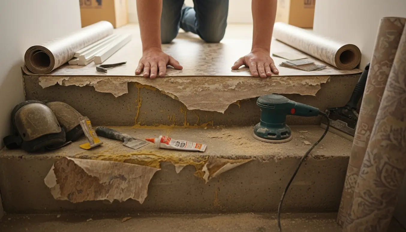 Kældertrappe under udskiftning med ny linoleum på landing og trin, omgivet af værktøj og materialer.