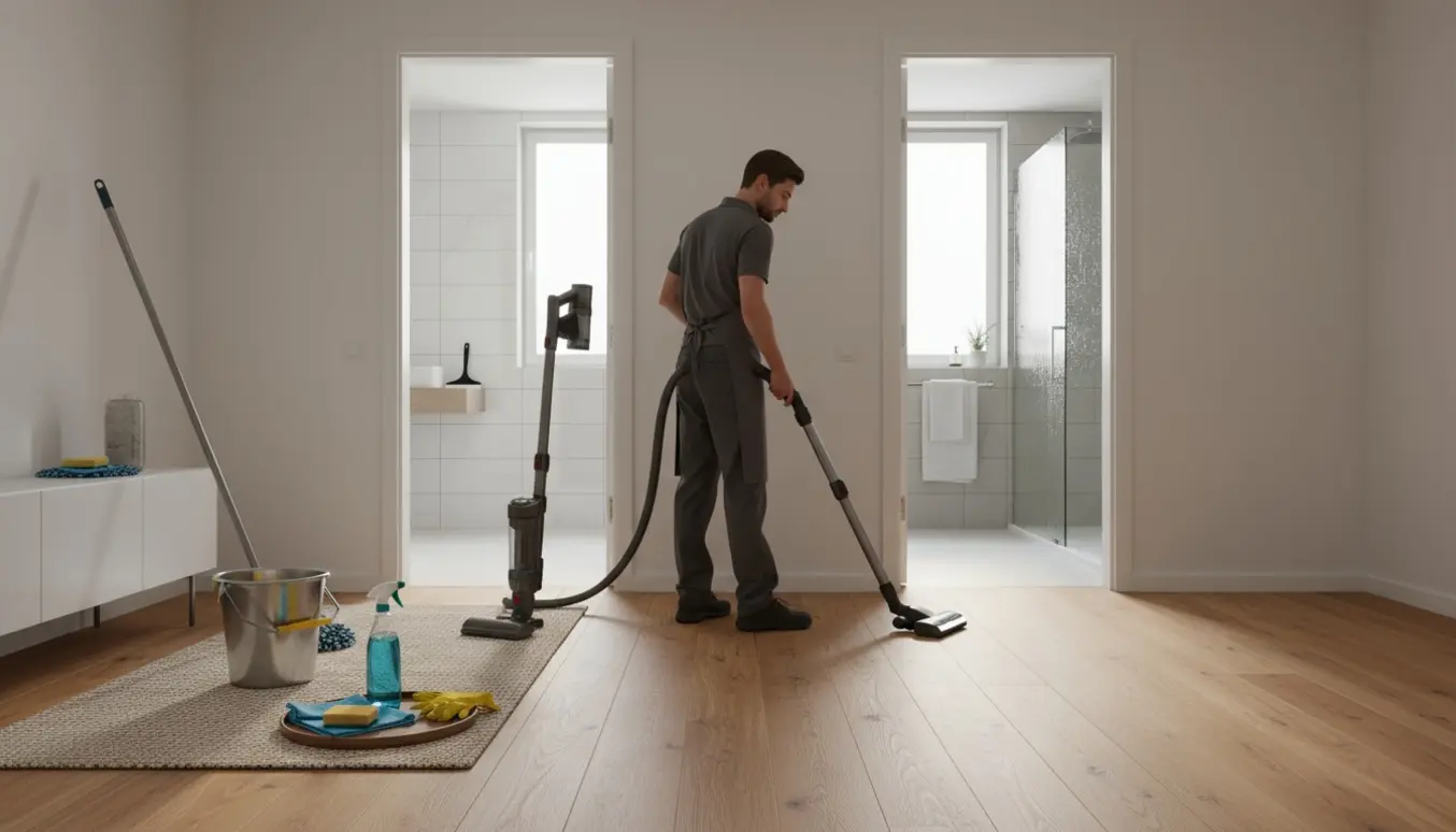 Person set bagfra støvsuger trægulv med moppe og rengøringsudstyr ved siden af, med to lyse badeværelser i baggrunden.