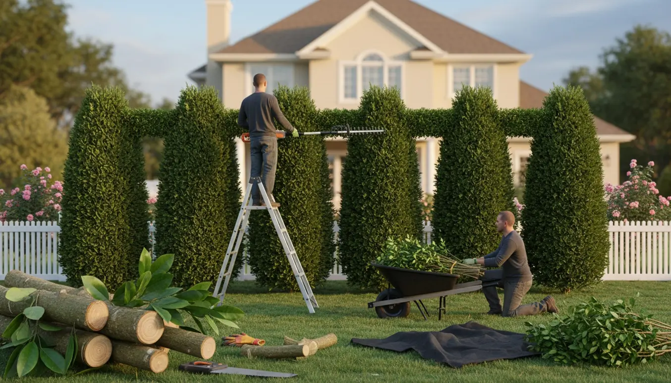 Lang række buske beskåret vandret i toppen, med afklip samlet i skubbe- og presenning klar til bortkørsel.