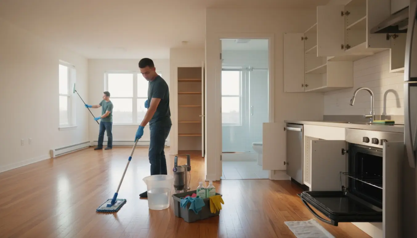 Solfyldt, nyvasket lejlighed under grundig flytterengøring med rengøringsudstyr og skinnende køkken og badeværelse.