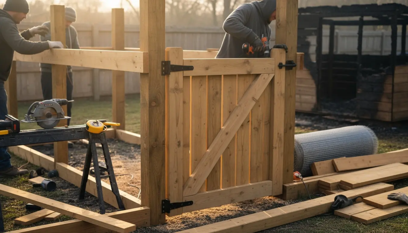 Tømrere genopbygger en ny hundegård med friskt træ og værktøj efter en brand.