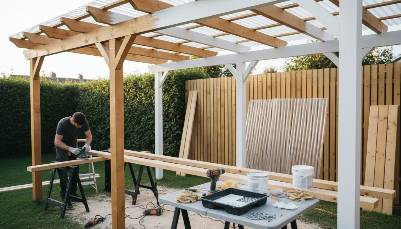 En træpergola under renovering med slibede bjælker, hvid maling, nyt transparent trapeztag og værktøj i haven.