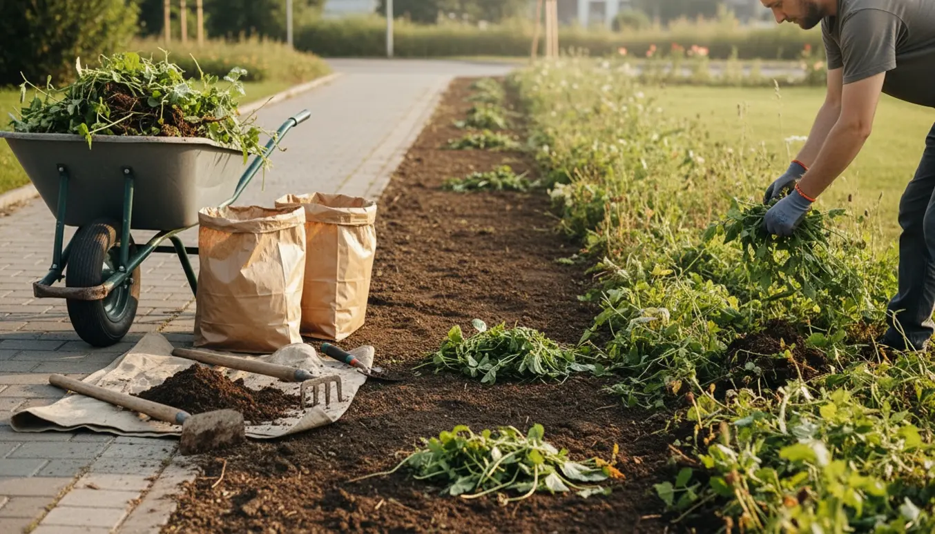 Et langt smalt bed ved en sti bliver renset for ukrudt med greb, trillebør og bunker af fjernet ukrudt.