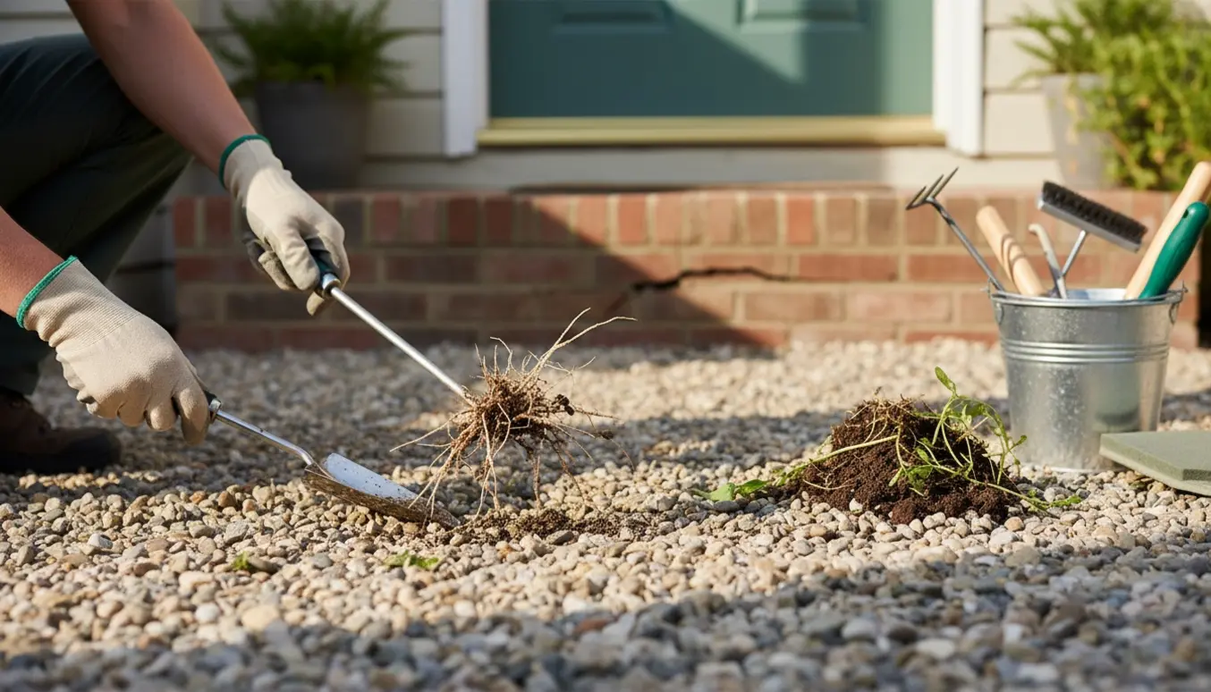Handskerede hænder fjerner ukrudt mellem grus på en gårdsplads med haveredskaber i baggrunden.