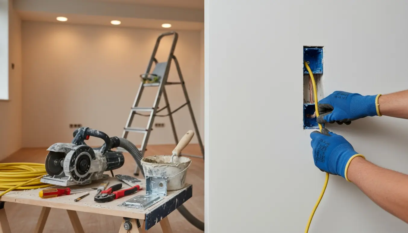 Nærbillede af indfræsning af elkabel i en væg med elektrikerhåndværktøj og loftspots i baggrunden.