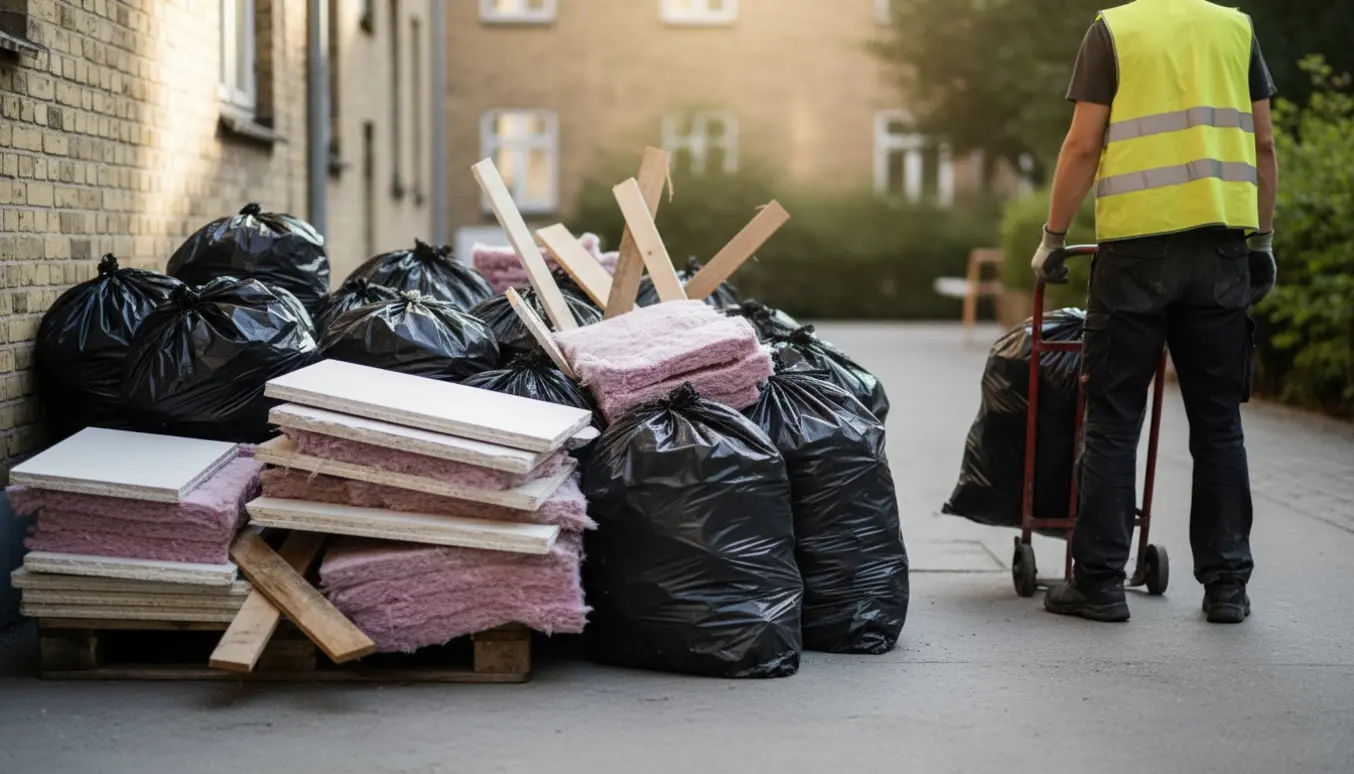 Sorte sække med byggeaffald (gips, rockwool og træ) stablet i et udendørs storskraldsrum på stueetagen, en person flytter en sæk med en trillevogn.