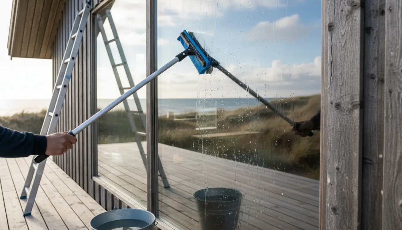 Udvendig vinduespudsning af store ruder på et træ-sommerhus i Vejby med squeegee og klart vand.