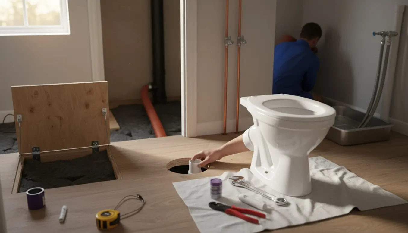Installering af nyt toilet og forberedelse til vaskemaskine med rør og værktøj i badeværelse og viktualierum.