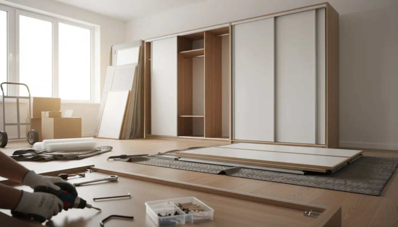 Tre store garderobeskabe adskilles i en lys lejlighed med døre, skinner og værktøj klargjort til flytning.