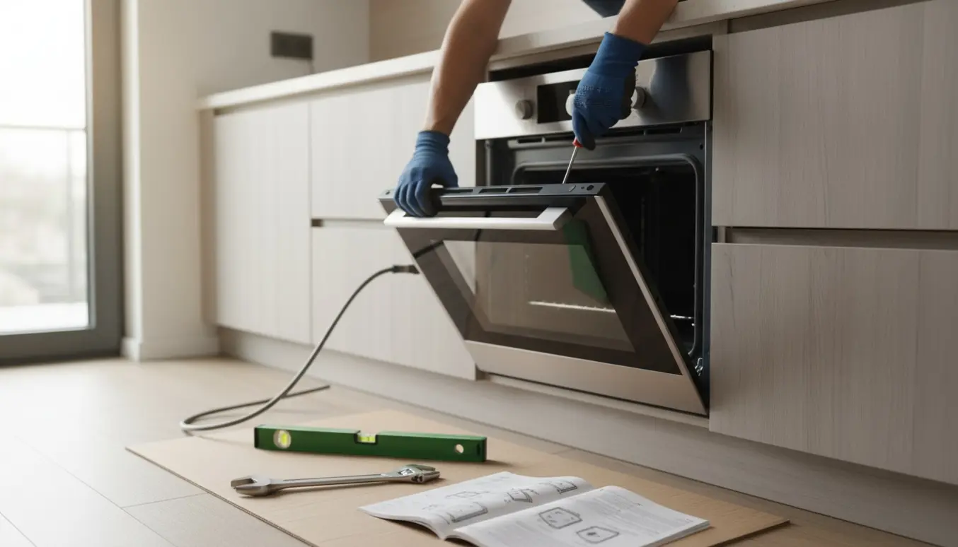 Installatør fører en indbygget ovn på plads i et moderne køkken, kun hænder synlige.