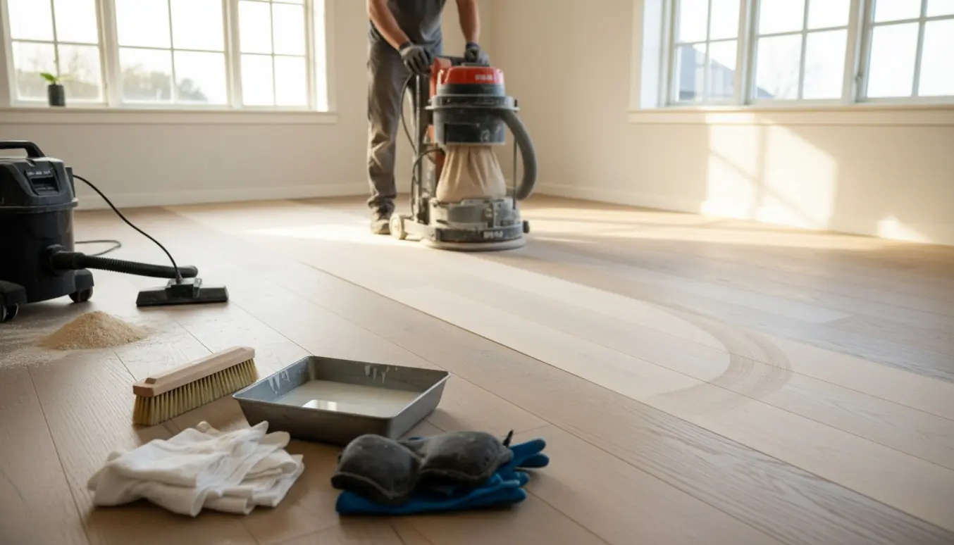 Slibning og ludbehandling af massiv egetræsgulv i en solfyldt stue med værktøj i forgrunden.