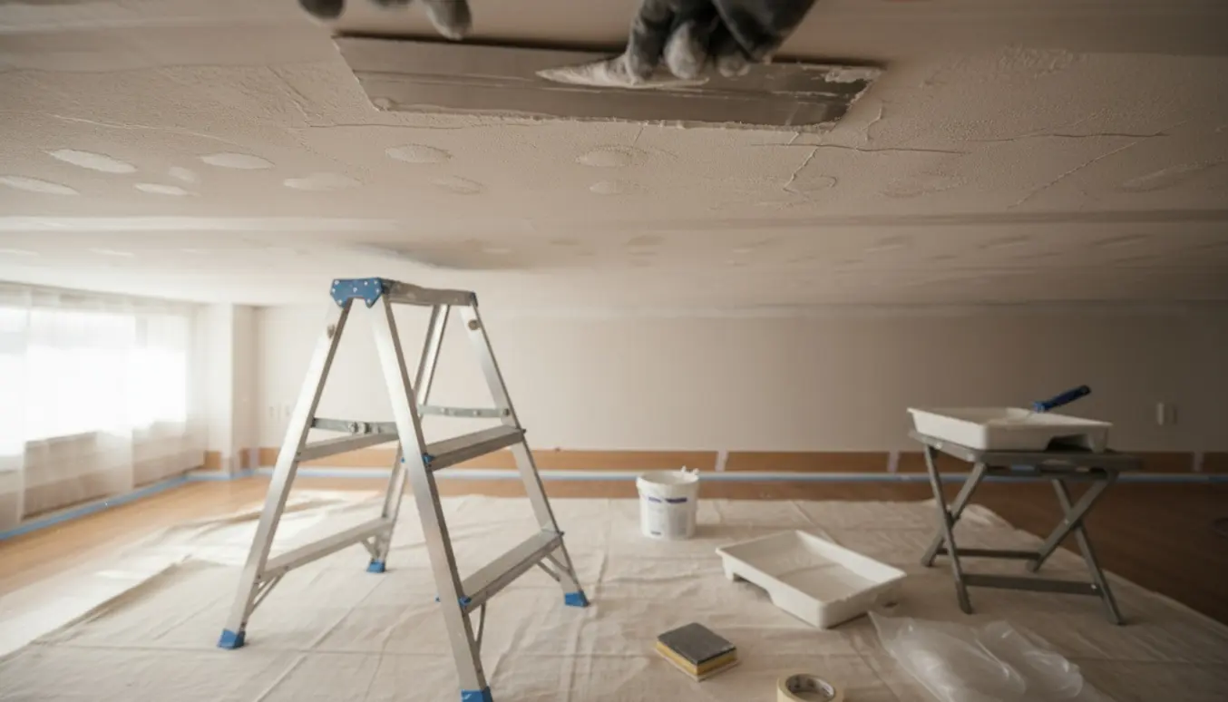 Hænder spartler og forbereder loftet til maling med stige, malerværktøj og afdækning.