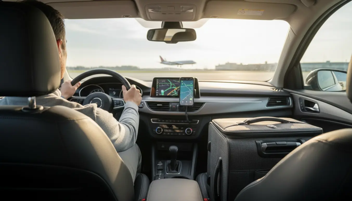 Indefra bil: kuffert på passagersædet, førerens hænder på rattet og fly i horisonten klar til kørsel til Billund Lufthavn.