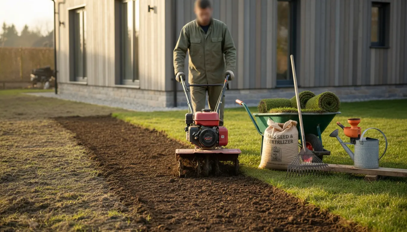Fræsning og forberedelse af en beskadiget græsplæne ved en ny tilbygning.