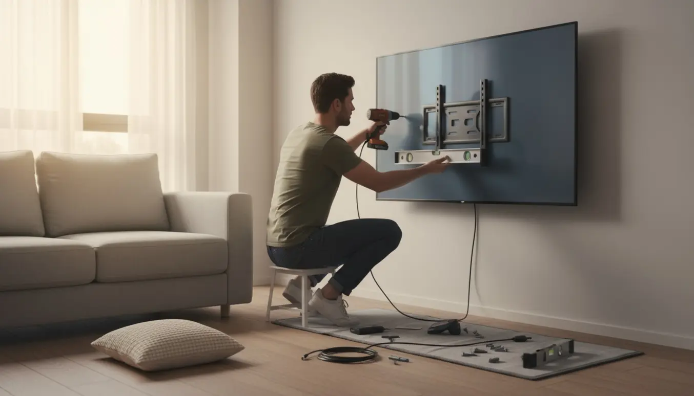 Stor fladskærm monteres på væg i lys stue med værktøj og kabler synlige.