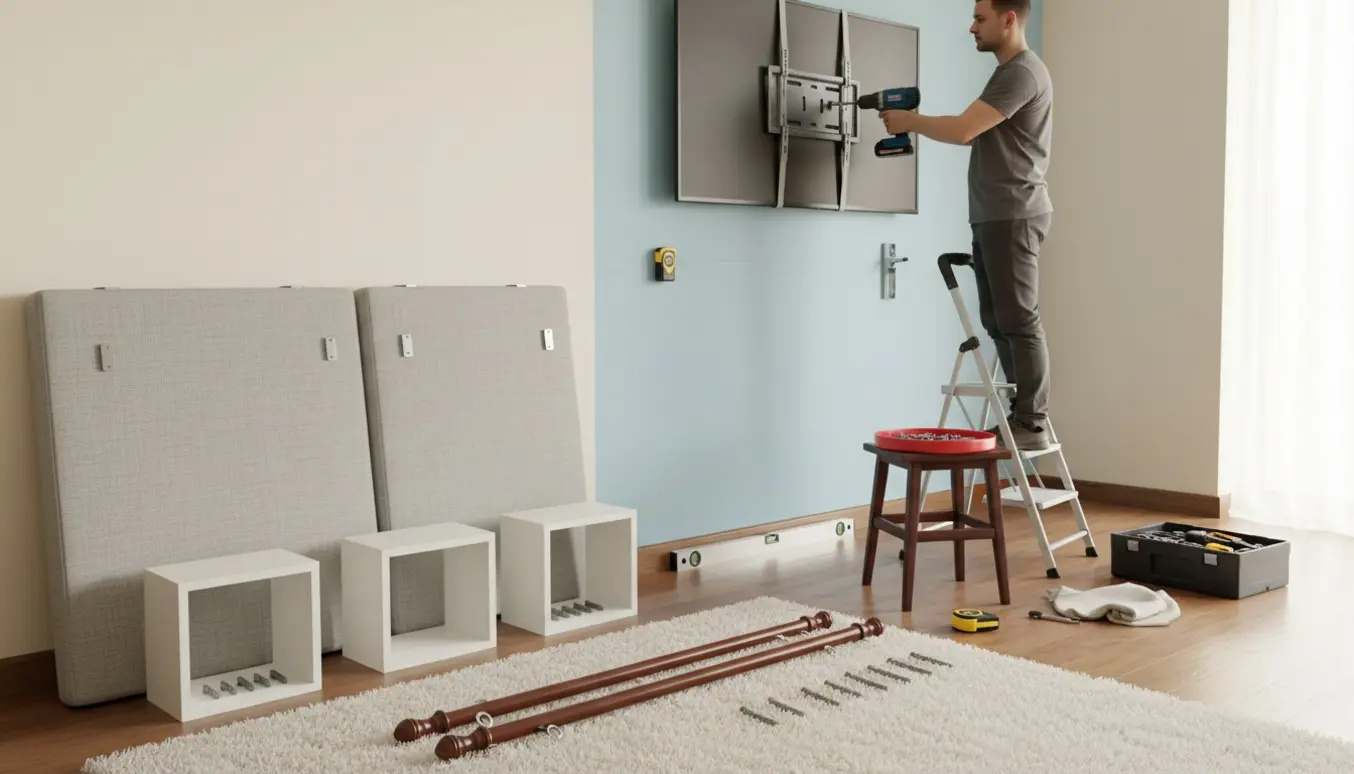 En person monterer TV, senggavle, kassehylder og gardinstænger i et lyst soveværelse med værktøj og hardware klar.