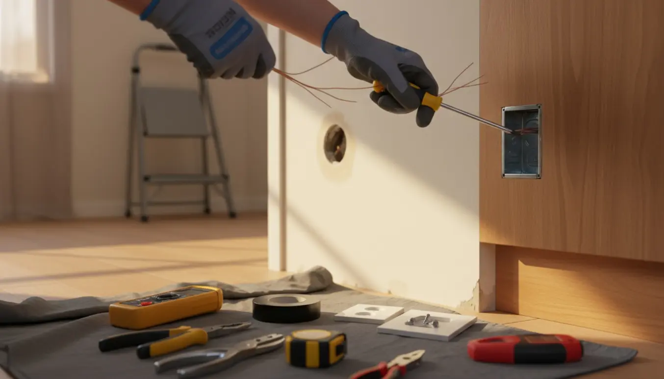 Hænder flytter en stikkontakt ved en dør for at give plads til et nyt skab.